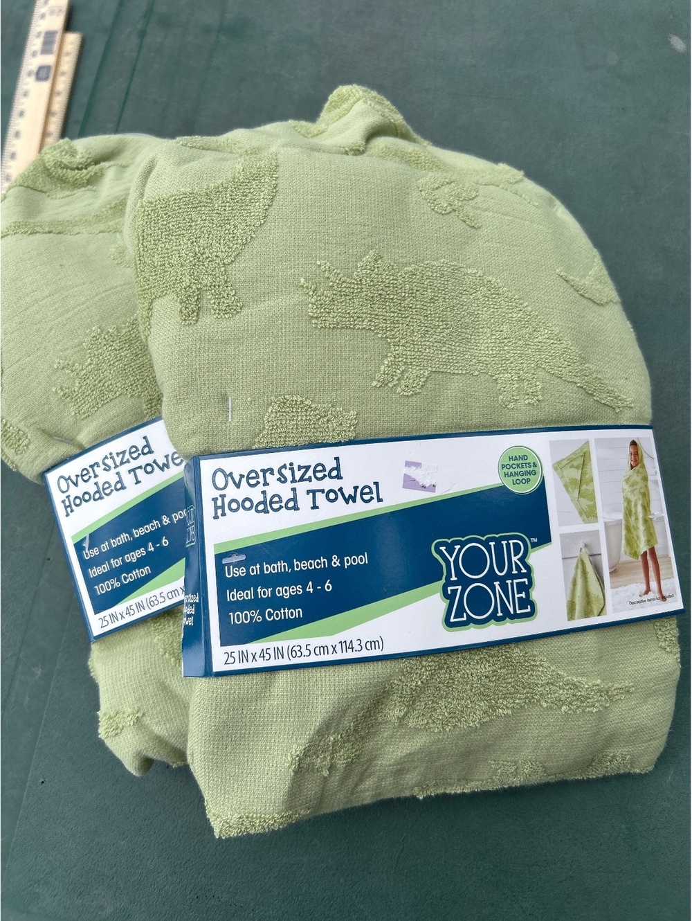 Your Zone Oversized Hooded Towel for Kids, Green Dinosaur Design, 25 x 45 Inches